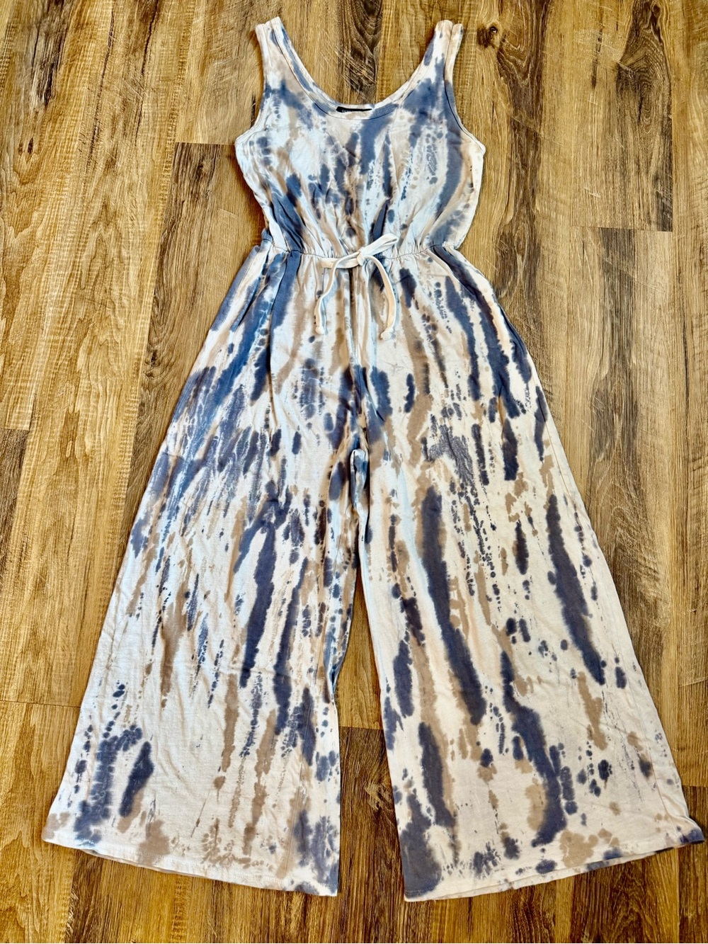Tie-Dye Wide-Leg Jumpsuit in Beige & slate blue